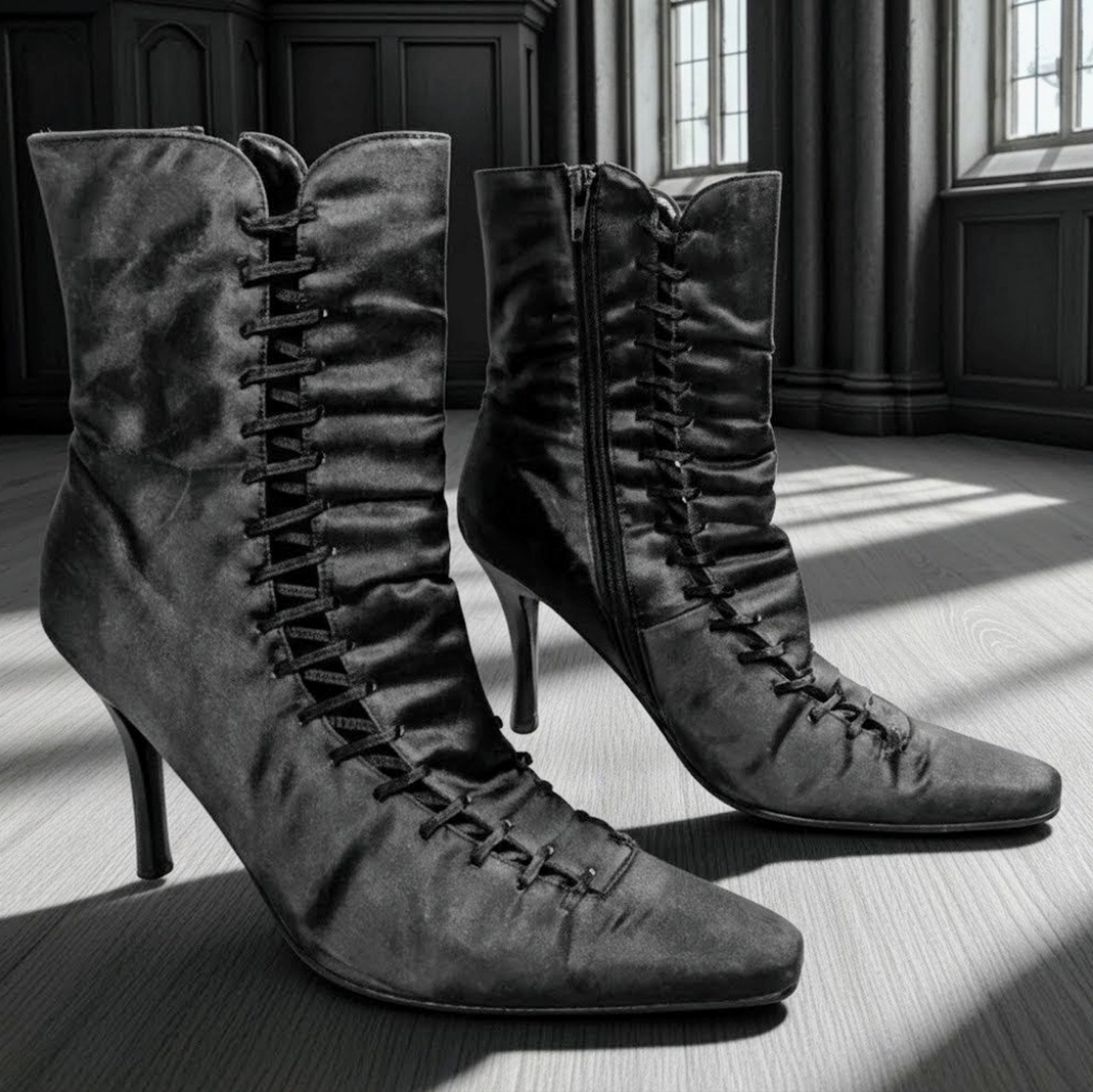 Gothic Victorian Lace-Up Ankle Boots in Sumptuous Black Satin